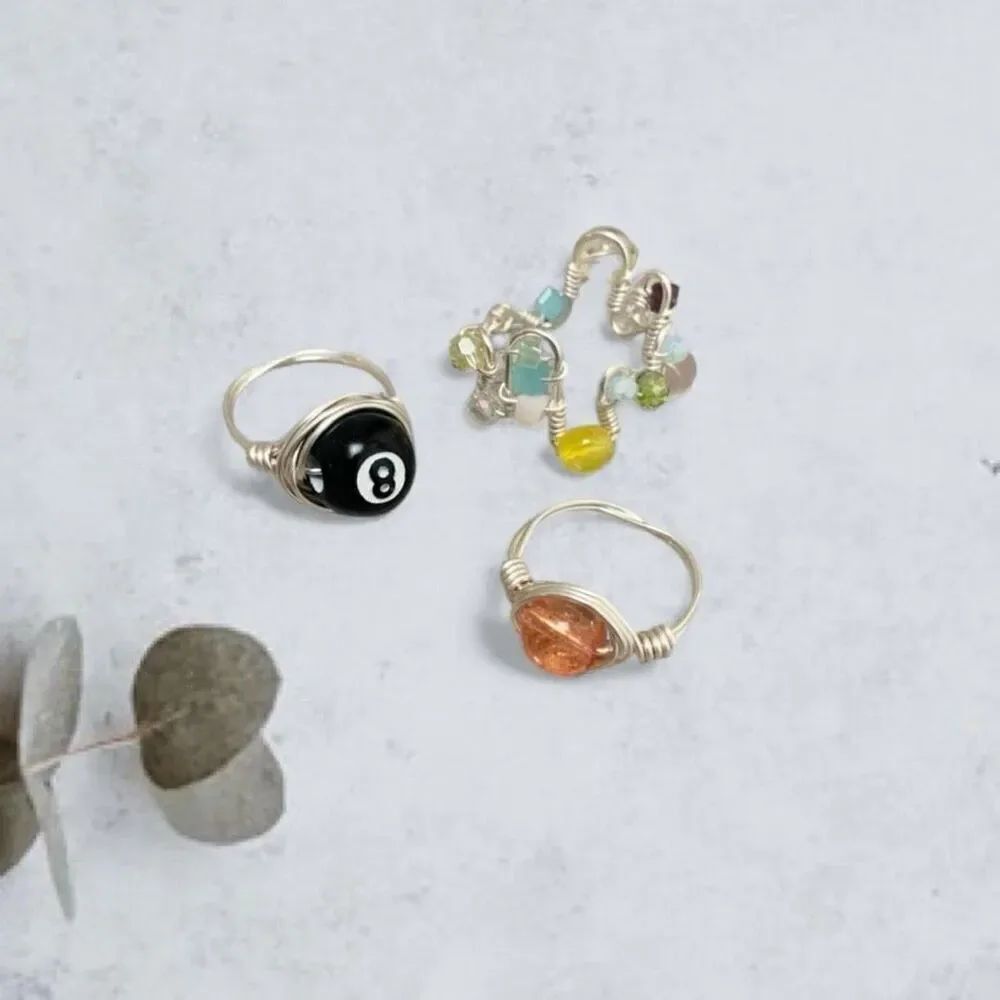 Handmade 8 Ball Stone Wire Wrapped Rings Lot 3 Retro Size 6